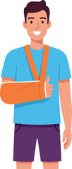 Young man with broken arm in sling giving thumbs up cheerful vector illustration 