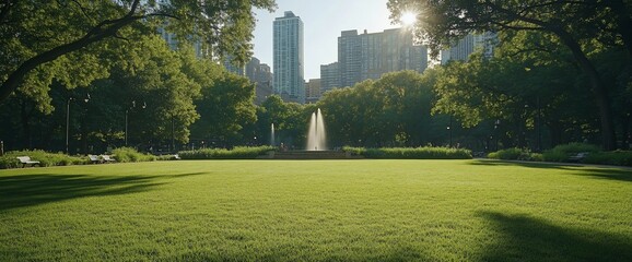 Fototapeta premium Idyllic urban park landscape with fountain, green lawns, and city skyline