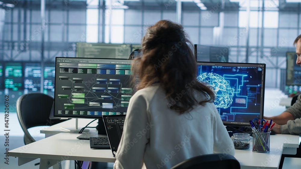 Poster it employee programming in ai server farm housing advanced equipment used for machine learning train