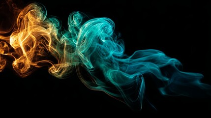Fototapeta premium Colorful abstract smoke swirls moving dynamically in the dark with dramatic lighting, vibrant curves and artistic flowing shapes on black background for creative and mystical visual concepts. 