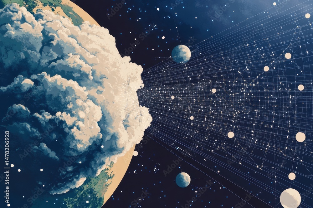 Poster the earth with storm clouds on one side and a network grid connecting from that to another part of t