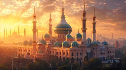 Naklejka premium Mosque with Blue Domes and Minarets at Sunset in Middle East