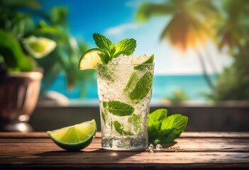 Refreshing mojito cocktail with lime and mint on tropical beach background. Cold summer drink. Summer cocktail with lime and mint. Alcoholic drink. Apirituous liquors. Alcoholic beverages