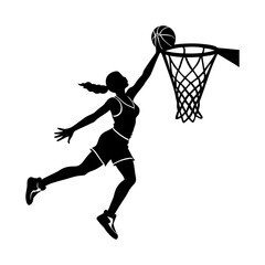 Naklejka premium vector silhouette of a female basketball player scoring the ball into the net, on a transparent background