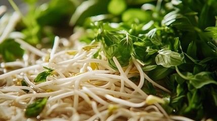 Fresh Green Herbs and Bean Sprouts for Culinary Dishes Preparation