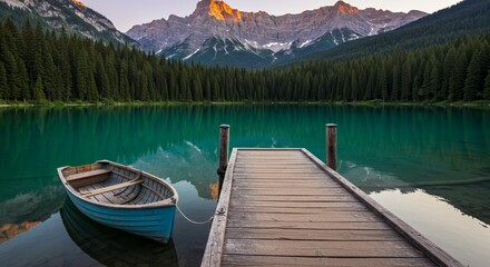 Wooden Pier on Turquoise Alpine Lake with Mountains