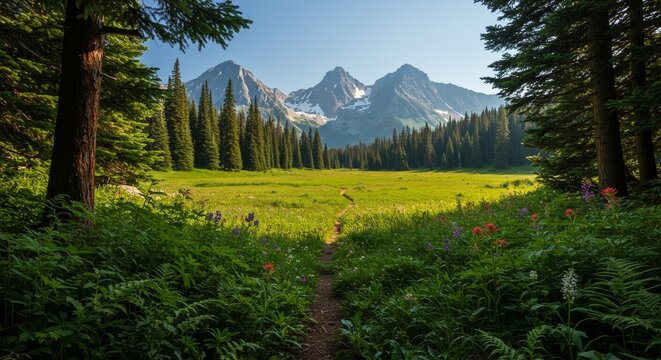 Alpine Meadow Wildflowers with Mountains and Pine