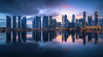 Fototapeta premium Stunning Urban Skyline at Dusk Reflecting on Calm Water Surface