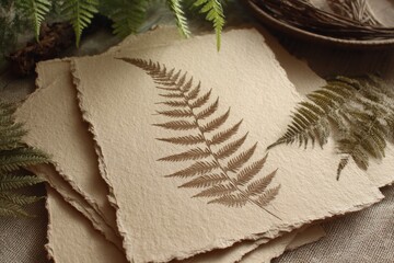 Detailed impression of a fern leaf on textured handmade paper.