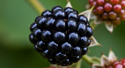Ripe Blackberry Close-up in Natural Light Fresh Fruit Garden Berry Season Healthy Eating Antioxidant Rich Nutrition Detailed Texture Dark Berry