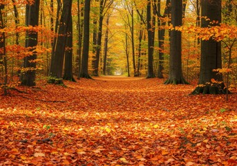 Autumn forest path representing seasonal transition and natural beauty, with fallen leaves and tall trees