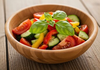 Vegetable salad in bowl representing healthy eating and freshness with basil, tomato, cucumber, pepper