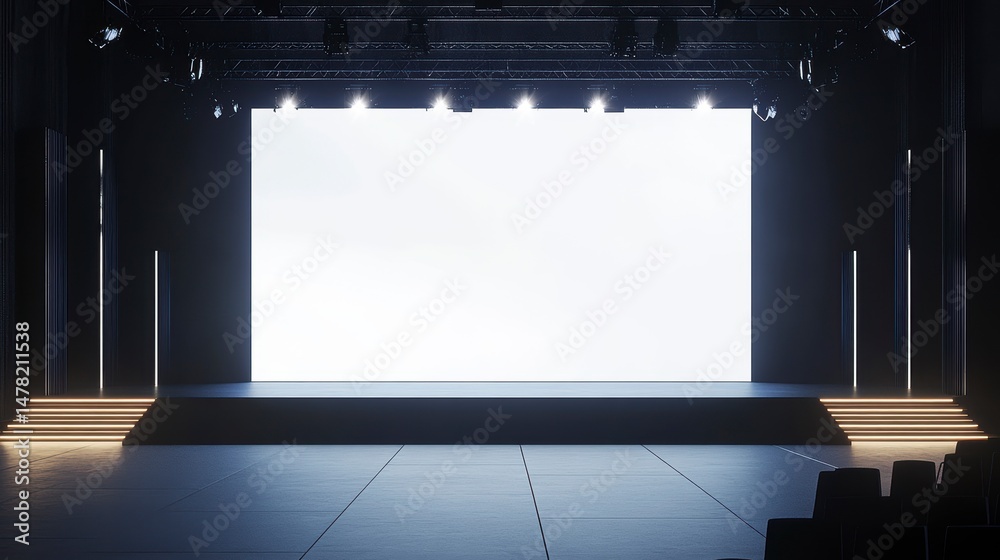 Poster empty stage with large blank screen, spotlights, and steps.