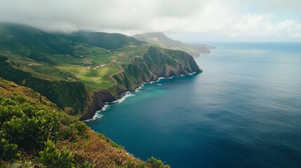 Naklejka premium Scenic Coastal Landscape with Lush Green Cliffs and Ocean View