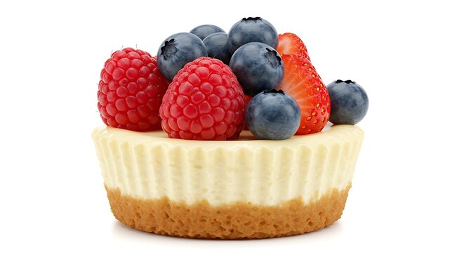 Delicious Mini Cheesecake Dessert Isolated on White Background Featuring Fresh Strawberries Blueberries and Raspberries Ideal for Gourmet Food Photography and Sweet Treat Concepts
