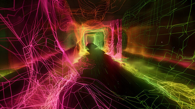 Abstract tunnel with glowing lines creating a futuristic and colorful visual experience for the viewer