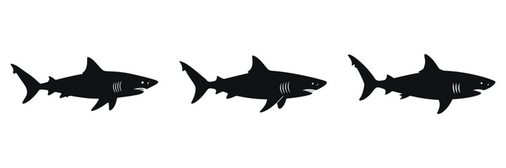 Fototapeta premium Three Simple Shark Silhouettes Against White Background
