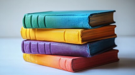 Colorful stacked books on white background