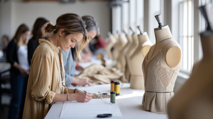 Professional fashion design studio with creative designers at work