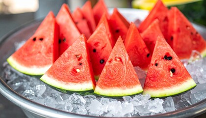 Neatly arranged watermelon slices on a bucket of ice