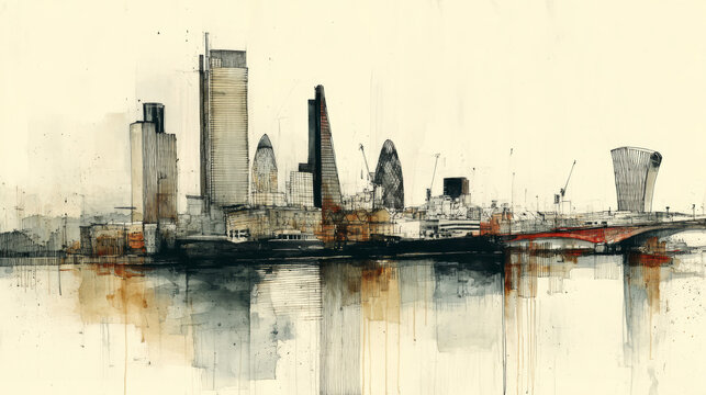 The River Thames flows through a quiet cityscape, with London&rsquo;s towering architecture rendered in delicate 2B pencil strokes and ink washes. A tranquil blend of nature and modernity unfolds.