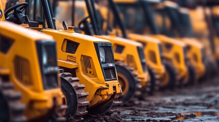 A fleet of mini track loaders lined up at a construction equipment rental yard: defocused background, space on the right.