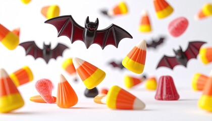 Festive Halloween Treats: Flying candy corn and bats scatter on a white background