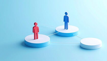 Teamwork represented by figures connected by lines standing on circular platforms.