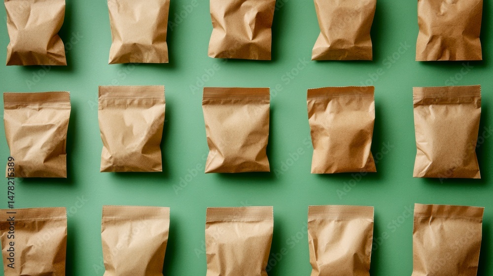 Poster flat lay of multiple brown paper pouches arranged on green background.