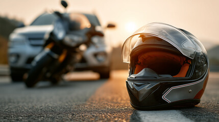 Fototapeta premium Helmet on the road at sunset