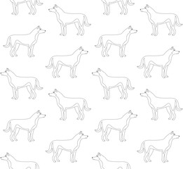 Vector seamless pattern of flat hand drawn outline husky dog isolated on white background