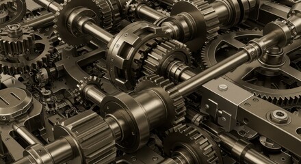 Fototapeta premium Complex gear system representing interconnectedness and functionality, featuring metal components