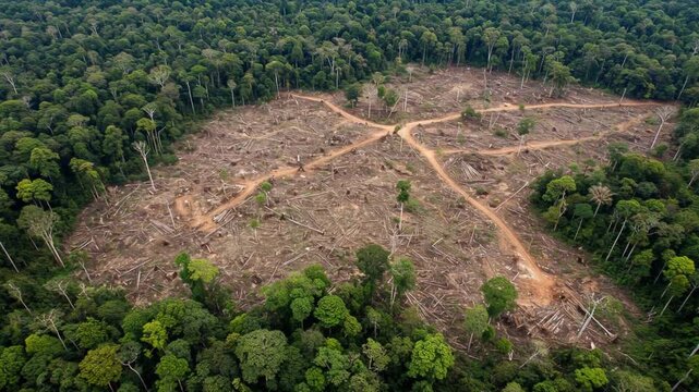 Vista a&eacute;rea de floresta tropical amaz&ocirc;nica amplamente desmatada no Brasil &mdash; v&iacute;deo gerado por IA