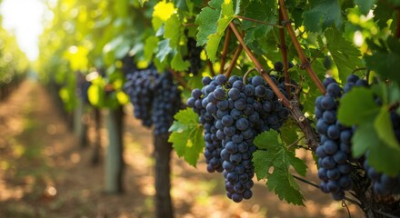 Obraz premium Vineyard grapes representing harvest season and wine production, with sunlight and green leaves