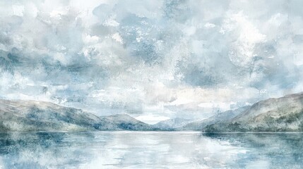 Fototapeta premium A serene, tranquil landscape painting of a lake and hills.