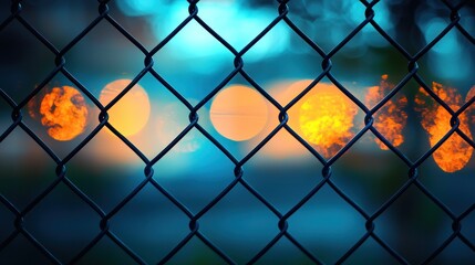 Fototapeta premium Chain-link fence with blurred, colorful lights behind it