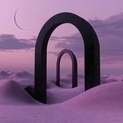 Surreal Desert Landscape with Black Arches and Crescent Moon
