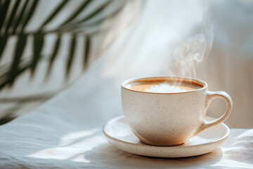 Fototapeta premium A steaming cup of coffee on a white tablecloth, surrounded by soft natural light and green leaves