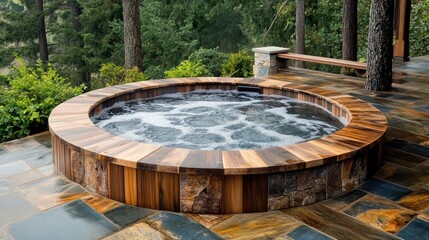 Hot Tub Outdoor In The Woods. Relaxing Spa Experience In Nature. Escape To Serenity.