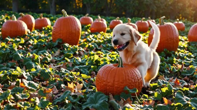 Playful puppy frolicking among pumpkins in a sunlit autumn field