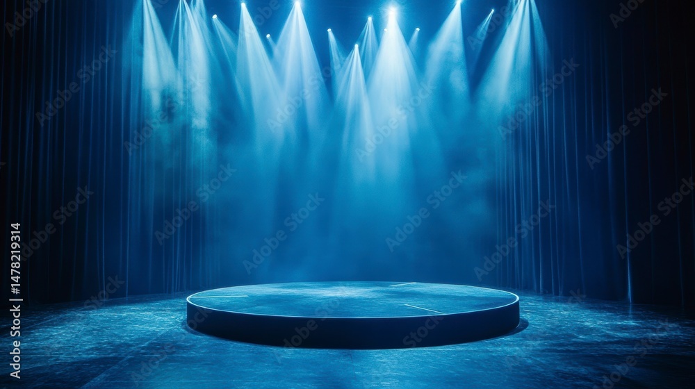 Poster empty stage with blue spotlights and smoke, perfect for product display or event background.