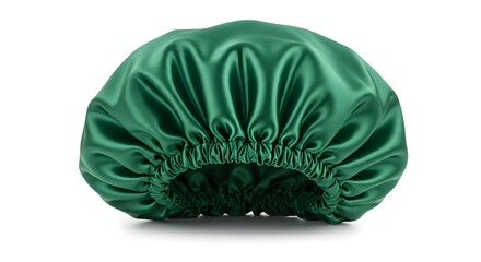 Elegant, glossy green satin bonnet resting on a white surface, perfect for hair protection.