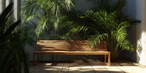 Fototapeta premium Wooden Bench with Palm Plants in Relaxing Outdoor Patio Scene