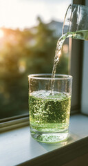 Pouring Green Liquid into Glass by Window in Sunlight

