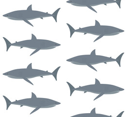 Vector seamless pattern of flat hand drawn shark isolated on white background