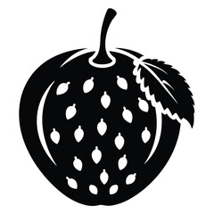 Black and White Stylized Illustration of a Strawberry with Leaf Detail and Seeds