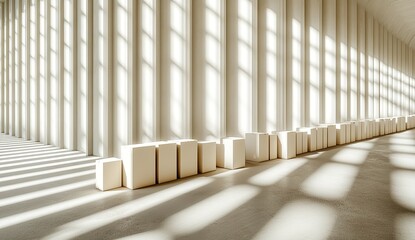 Empty, modern, light-filled hall.  Rows of beige blocks