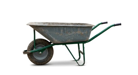 A weathered wheelbarrow, ready for use in a garden or construction setting, sits isolated.