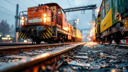 Obraz premium Close-up view of wet railroad tracks at sunset, with plants growing between the rails and trains visible in the blurred background