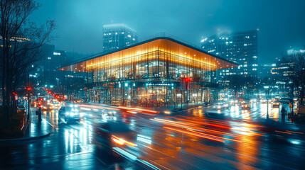 Fototapeta premium Futuristic cityscape glowing at night with light trails and reflections on wet streets from passing traffic